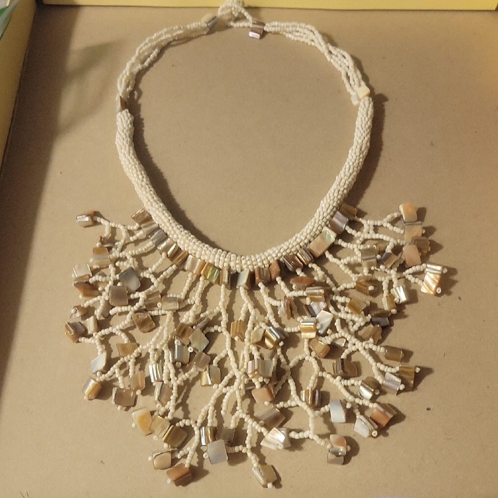 White Seed Bead & Mother Of Pearl Coral-Style Statement Necklace